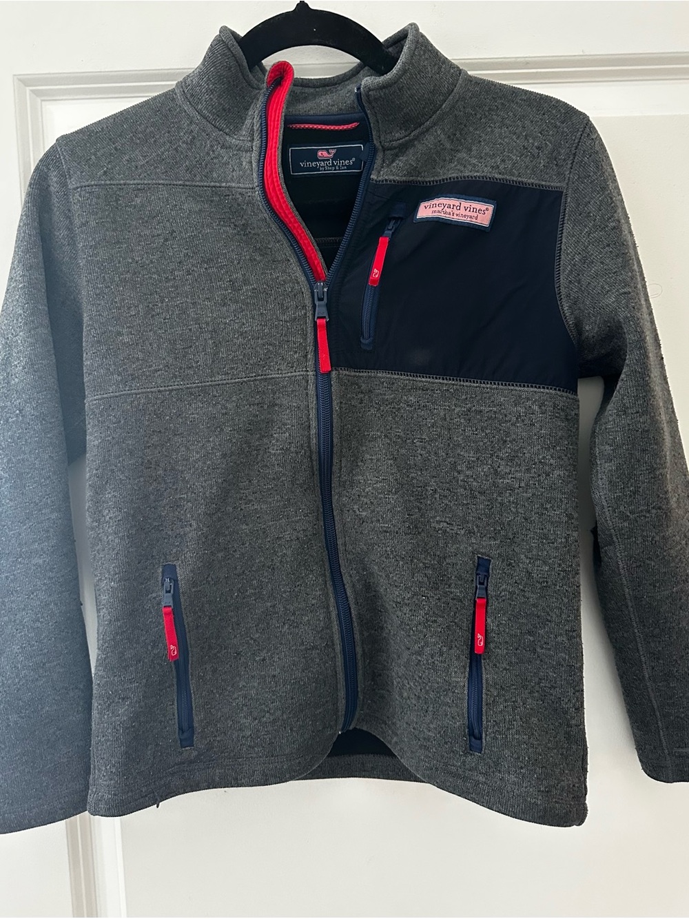 Boys Vineyard Vines Gray Fleece Jacket with Navy and Pink Accents